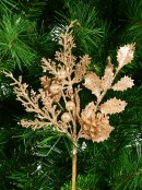 Gold Glitter Mixed Foliage With Pine Cone & Berries Spray Stem Pick  - 28cm Wide