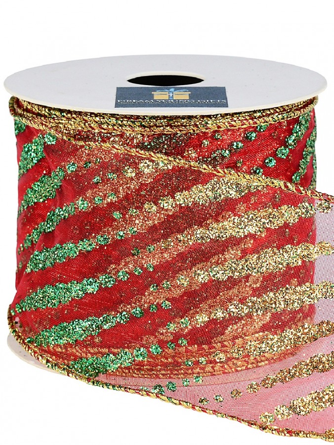 9m Gold & Green Glitter Tapered Lines & Dots On Red Sheer Wide Cut Ribbon