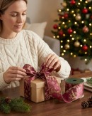 Wired Burgundy Ribbon With Gold Reindeer & Snowflakes | 3m x 63mm