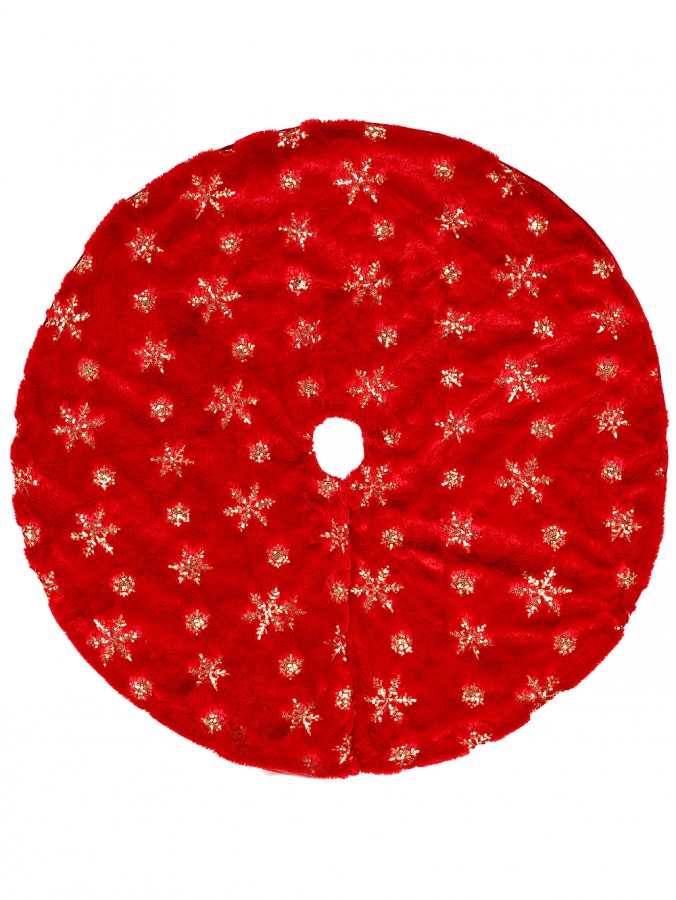 Red Faux Fur Christmas Tree Skirt With Gold Sequin Snowflakes Pattern - 1m 