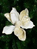 24cm White With Gold & Faux Pearls Magnolia Flower Christmas Tree Clip Pick