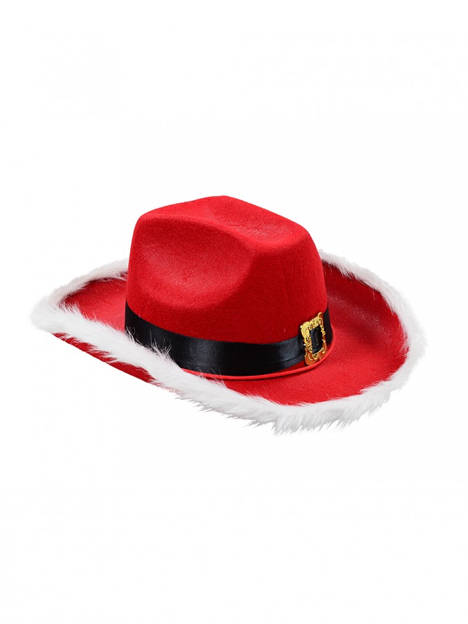 Red Cattleman Style Cowboy Santa Hat With Buckle Band - One Size Fits Most