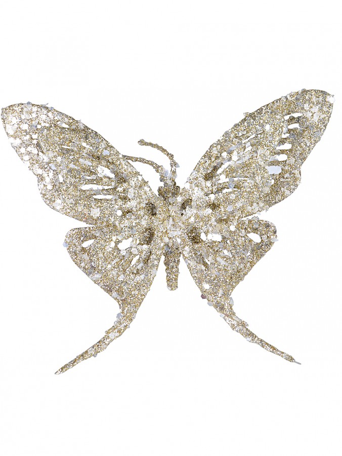 Champagne Butterfly With Glitter & Flecks Christmas Critter Pick - 16cm