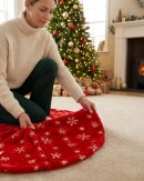 1m Red Plush Faux Fur & Gold Sequin Snowflake Christmas Tree Skirt