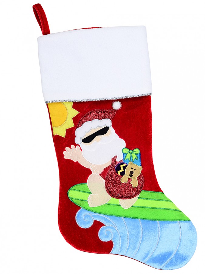 Under The Sun Surf Santa Red Velvet Christmas Stocking With White Cuff - 48cm