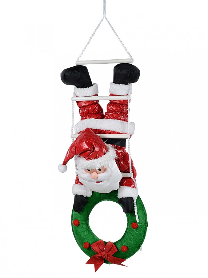 Padded Santa On Rope Ladder With Wreath Outdoor Hanging Decoration - 1.1m