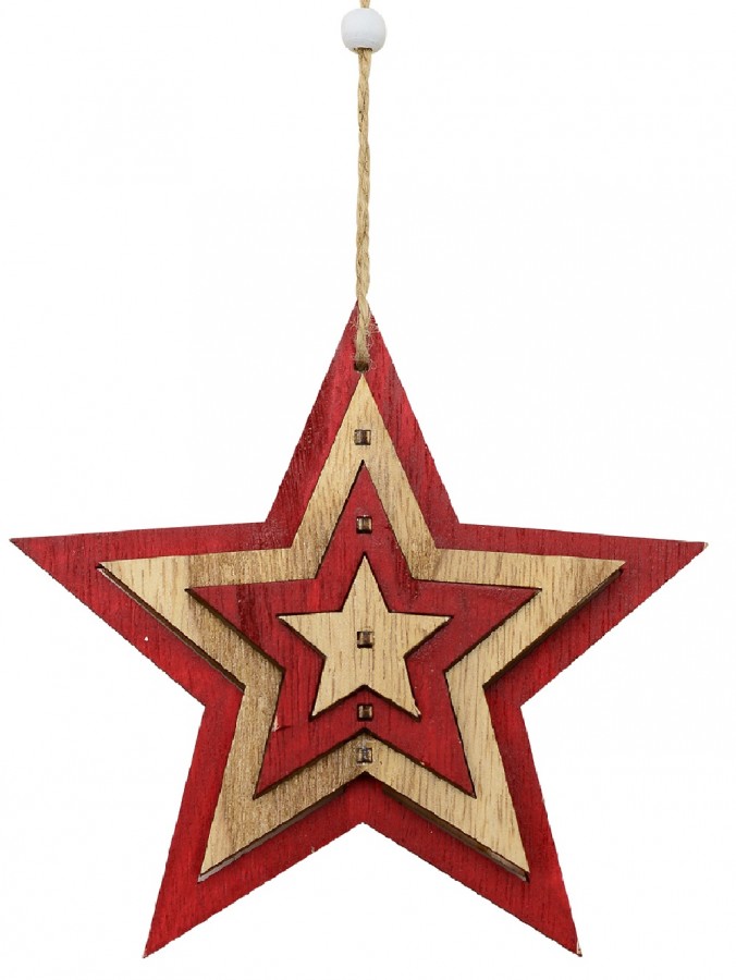Natural & Red Layered Wood Star Christmas Tree Hanging Decoration - 15cm