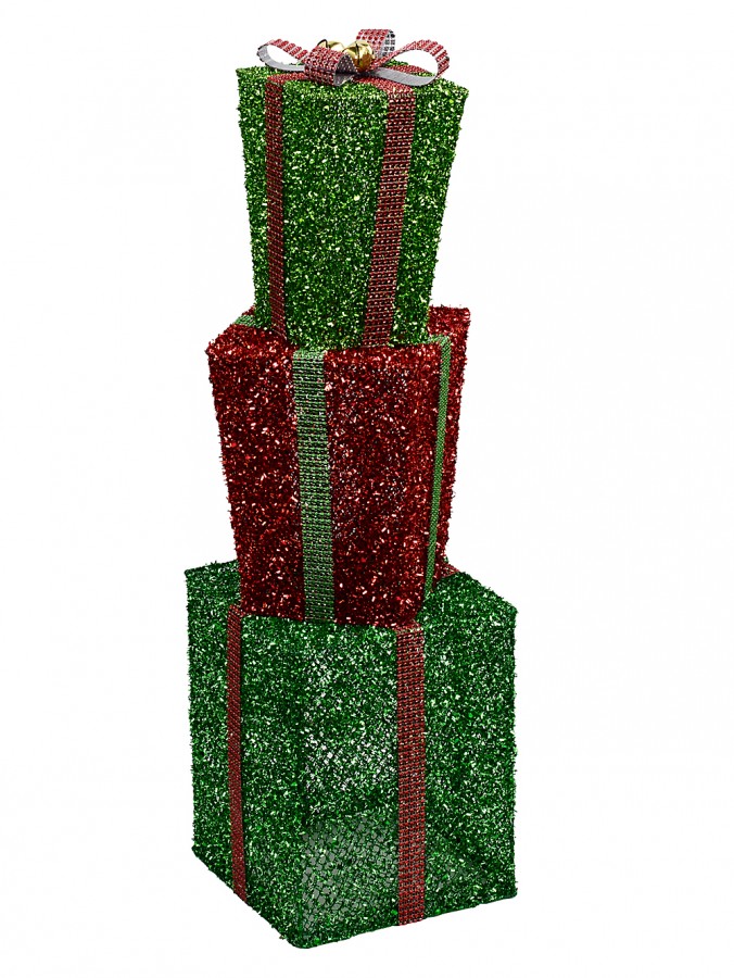 70cm Red & Green Layered Tinsel Christmas Gift Boxes Display With Bells