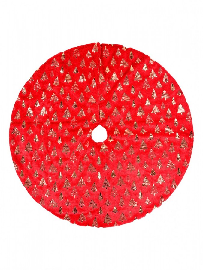 1m Red Plush Faux Fur & Gold Foil Trees Christmas Tree Skirt