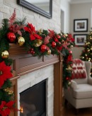 2.7m Decorated Red & Gold Poinsettia Christmas Garland | Baubles & Mesh Bows