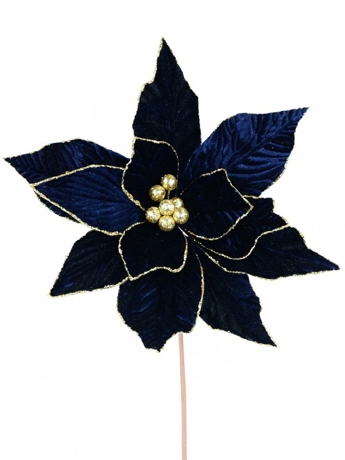 Royal Blue Velvet Poinsettia With Gold Stamen Christmas Flower Stem - 55cm