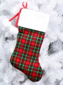 Red & Green Tartan Christmas Stocking With White Cuff & Pom Poms - 48cm