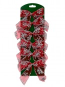 Red & Silver Glitter Snowflake Pattern Christmas Bow Decorations - 6 x 12cm
