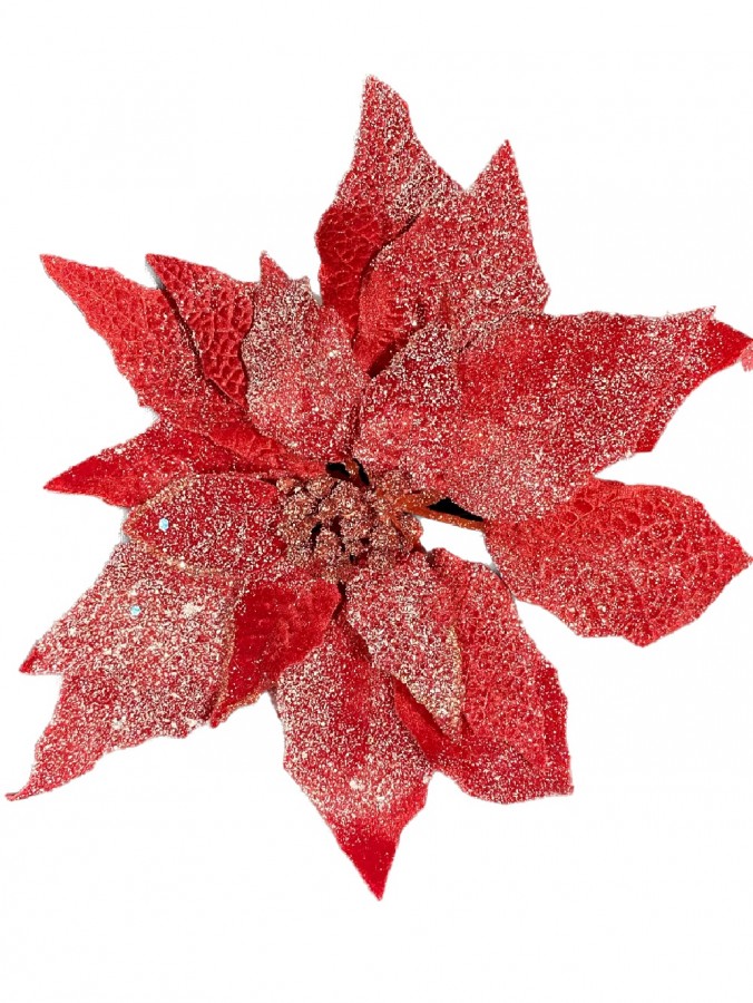 Red Glitter Velvet Poinsettia Decorative Christmas Flower Clip Pick - 28cm Wide