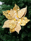 36cm Large Gold Gloss Decorated Poinsettia Flower Christmas Tree Clip Pick