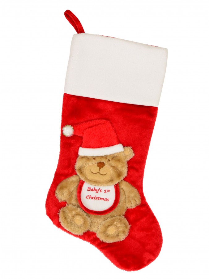 Baby's 1st Christmas Cuddly Looking Teddy Bear Red Christmas Stocking - 42cm