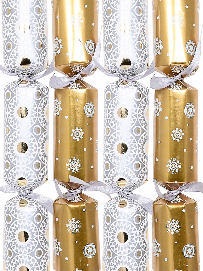 Shiny Gold & Grey With White Patterns Christmas Cracker Bon Bons - 12 x 25cm