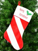 Red & White Stripe With Font & Holly Applique Velvet Christmas Stocking - 48cm