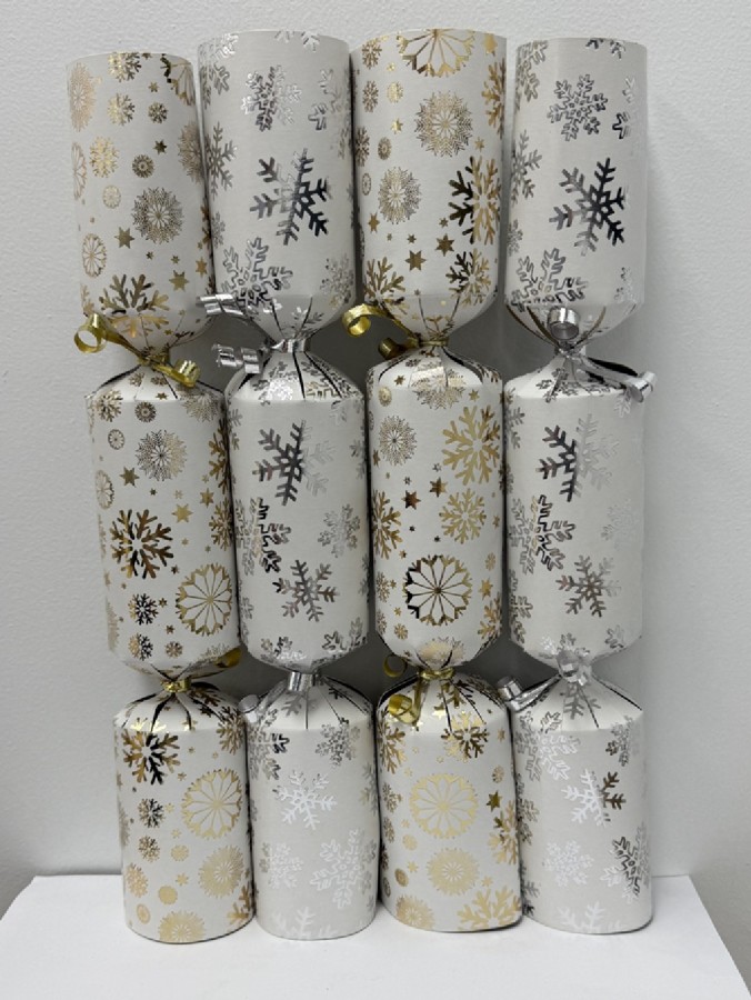50x Gold & Silver Snowflake On White Christmas Bon Bons (Crackers) | 34cm