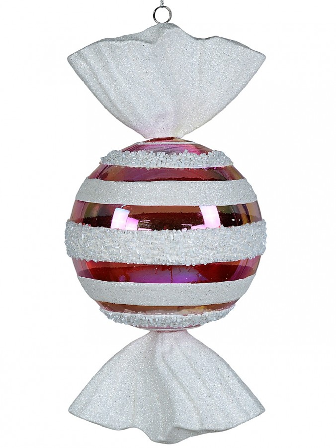 Clear Pink Iridescent & White Stripe Wrapped Christmas Ball Lolly Bauble - 30cm