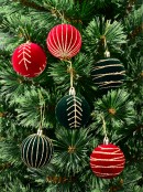 12x Red & Green Velvet Gold Glitter Pattern Whimsical Essential Baubles | 60mm
