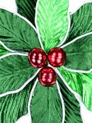 Green Poinsettia Christmas Pick With White Petal Edges & Red Baubles - 30cm