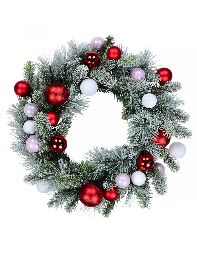 60cm Winter Frost Fir & Pine Wreath With Red, Pink & White Baubles 