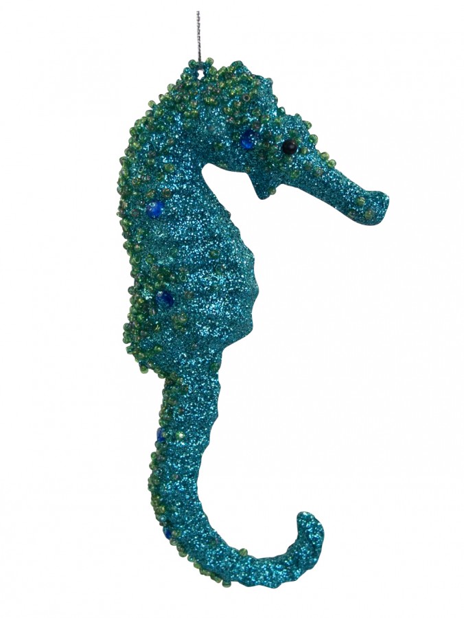 Turquoise Glittered Seahorse Hanging Deecoration - 14cm