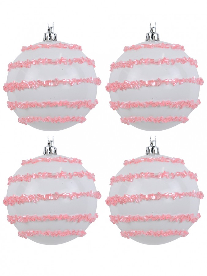 White Gloss Christmas Baubles With Pink Mini Tube Bead Stripes - 4 x 80mm