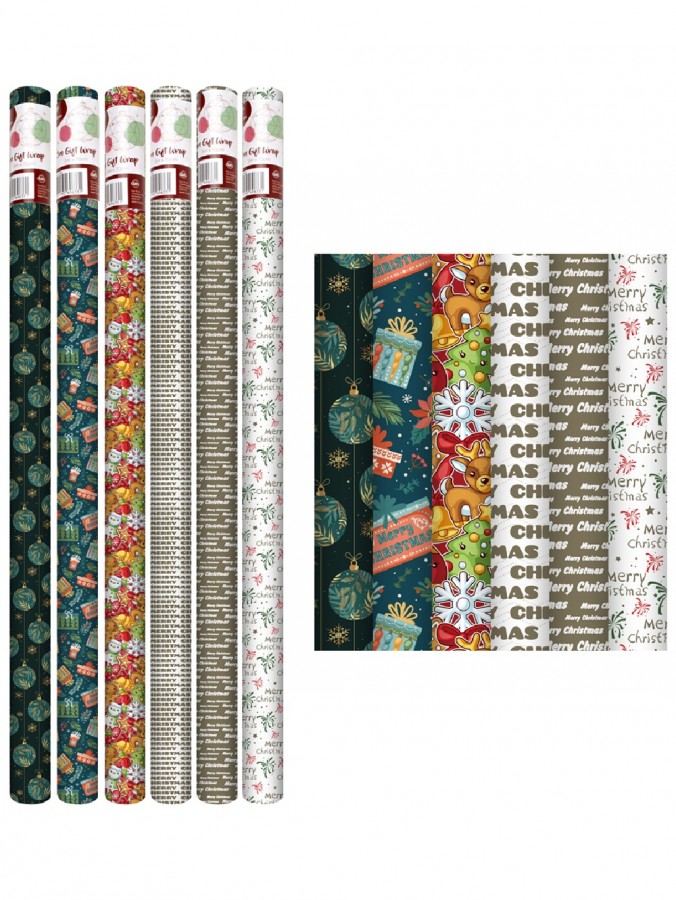 Assorted 3m x 70cm Christmas Decor, Icon & Motto Paper Gift Wrap