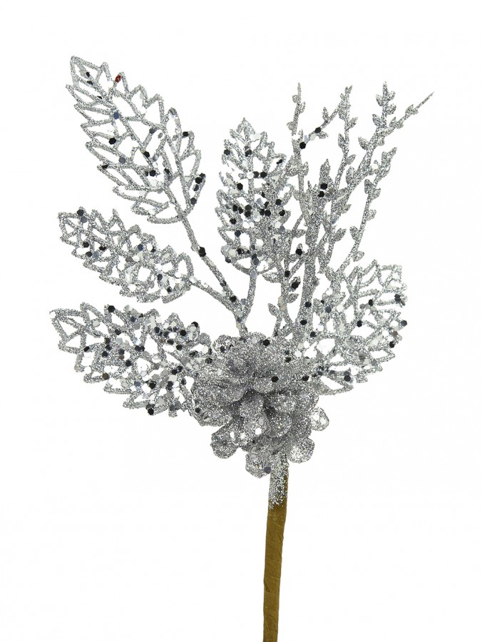 Silver Pine Cone & Holly Leaf Pick - 10cm