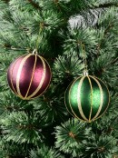 2x Green & Burgundy Mercury Glitter Stripe Whimsical Signature Baubles | 10cm