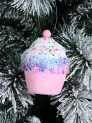 11cm Pink Cupcake With Sequin Icing & Tinsel Christmas Tree Ornament