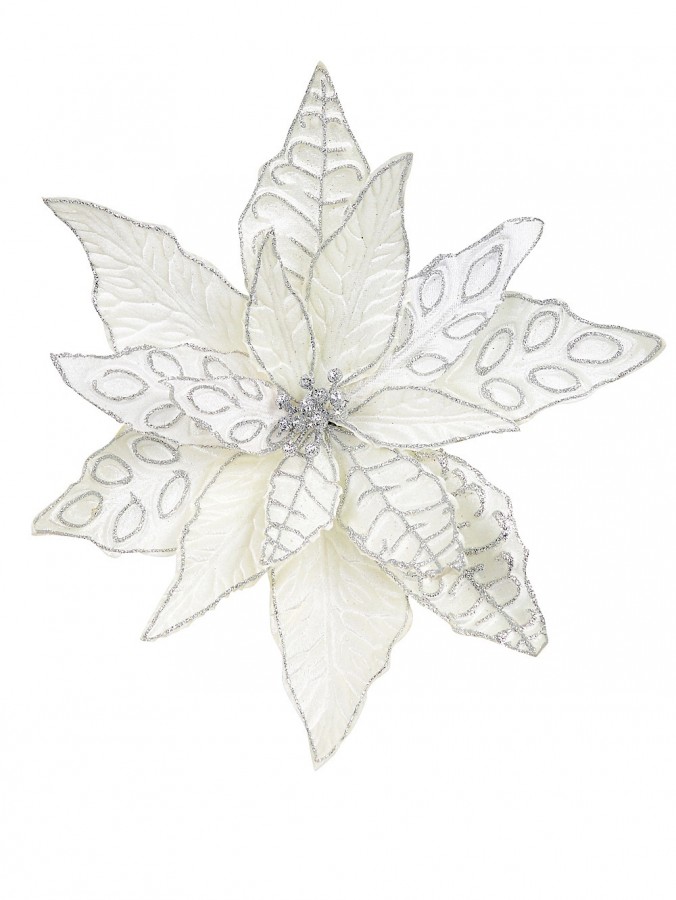 White & Silver Trim Poinsettia Pick With Clip - 29cm