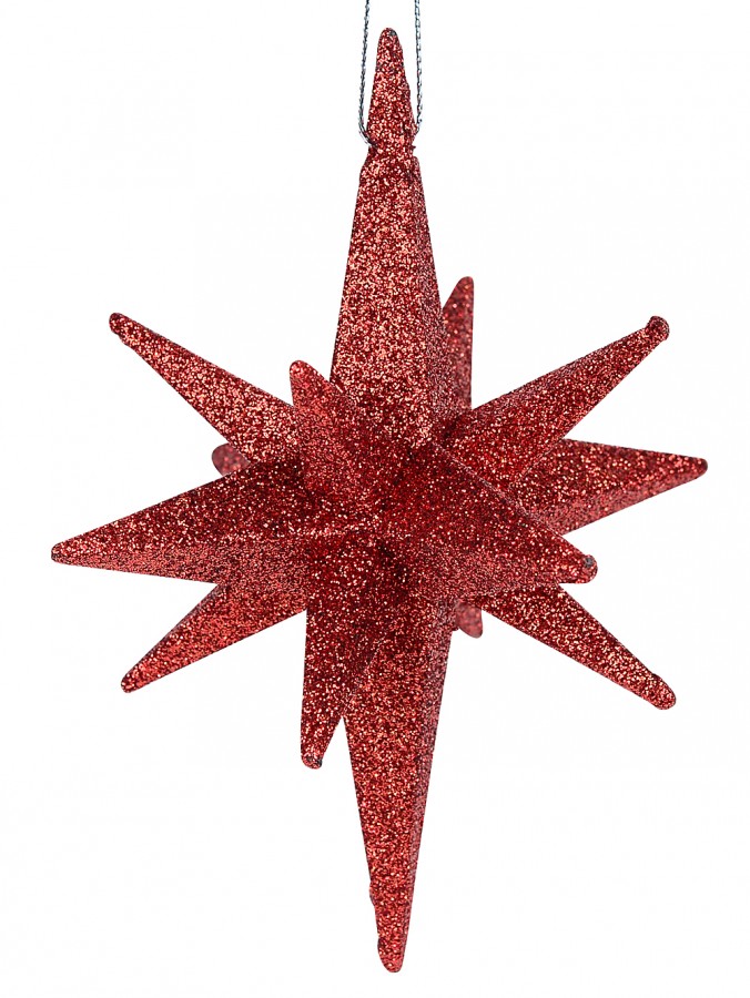 Glittered Red 3D Star of Bethlehem Christmas Tree Hanging Decoration - 14cm