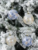 Frost & Clear Baubles With Gold, Blue & Rust Orange Glitter Patterns - 4 x 80mm