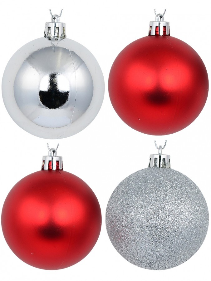 Silver Glittered, Red Matte & Silver Metallic Christmas Baubles - 12 x 60mm