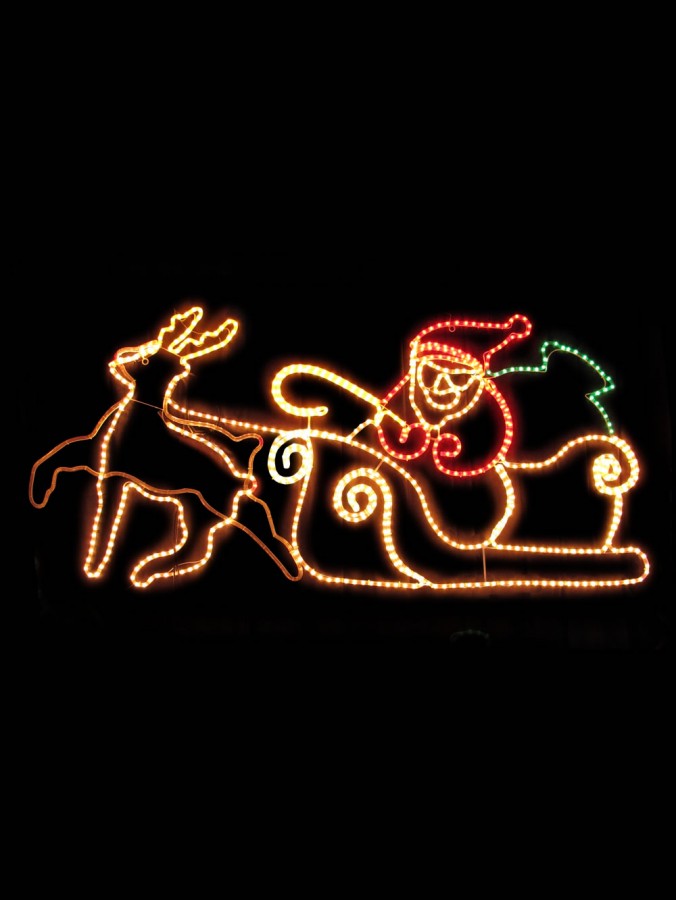Large Santa In Sleigh With Flying Rudolph Rope Light Silhouette - 2m