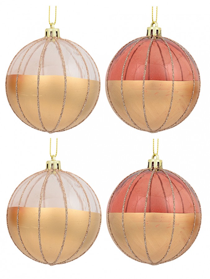 Gold With Rose Gold Or Clear & Gold Glitter Lines Christmas Baubles  - 6 x 60mm