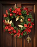 40cm Christmas Wreath With Red Poinsettia, Gold Leaves, Berries & Ribbon