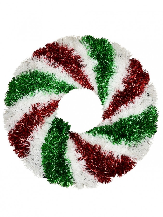 48cm Metallic Red & Green With White Candy Swirl Wreath Tinsel Plaque