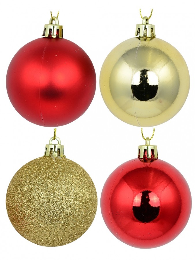 Red & Gold Metallic, Matte & Glitter Christmas Baubles - 12 x 60mm