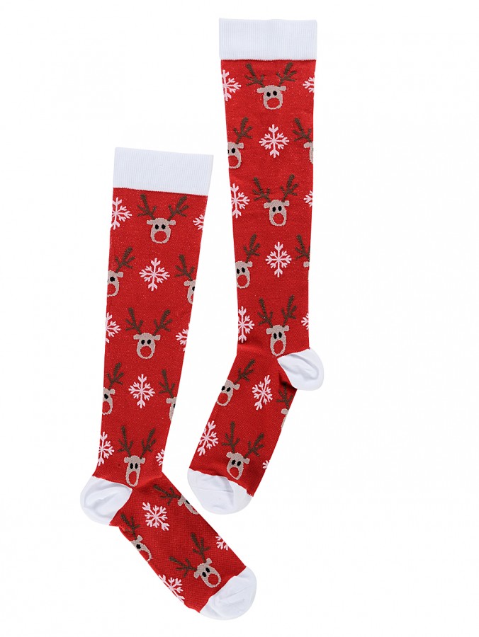 Reindeers & Snowflakes Pattern Red Long Christmas Socks - One Size Fits Most