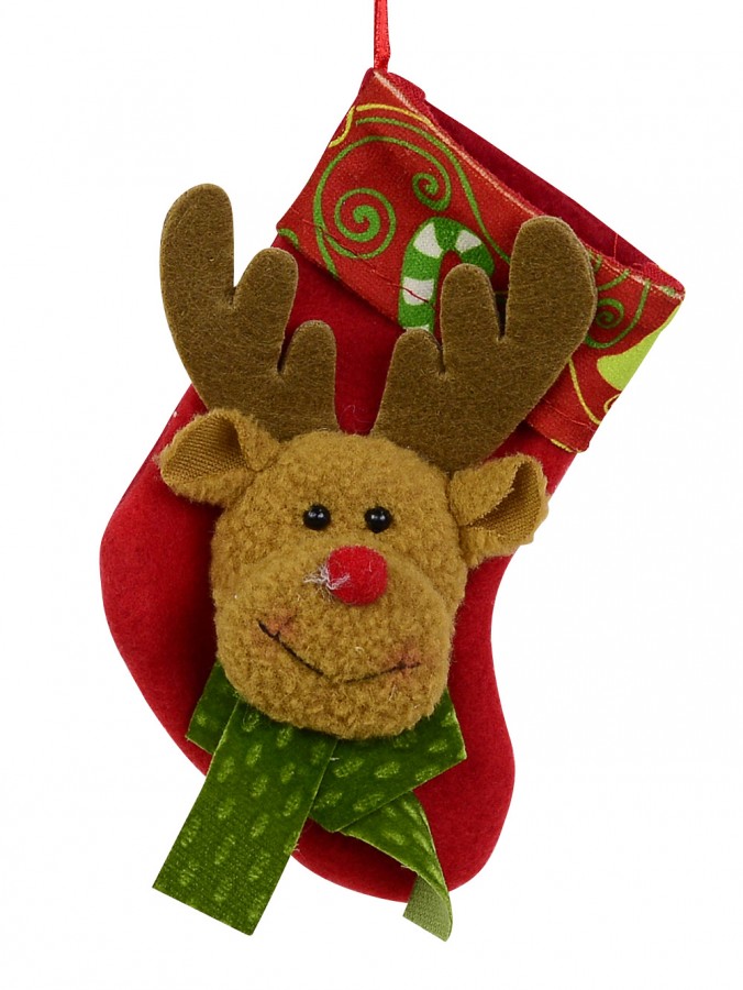 Red Stocking with Rudolph Face & Green Bow Hanging Ornament - 13cm