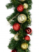 Decorated Red & Gold Bauble, Ribbon & Twigs Pine Christmas Garland - 2.7m
