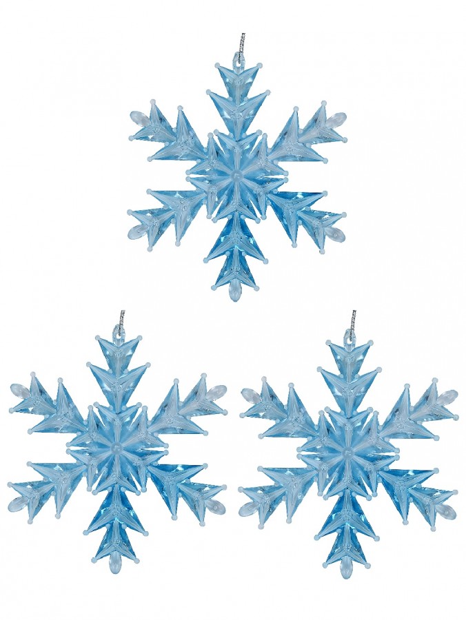 Blue Ice Look Refractive Snowflakes Tree Hanging Decorations - 3 x 11cm