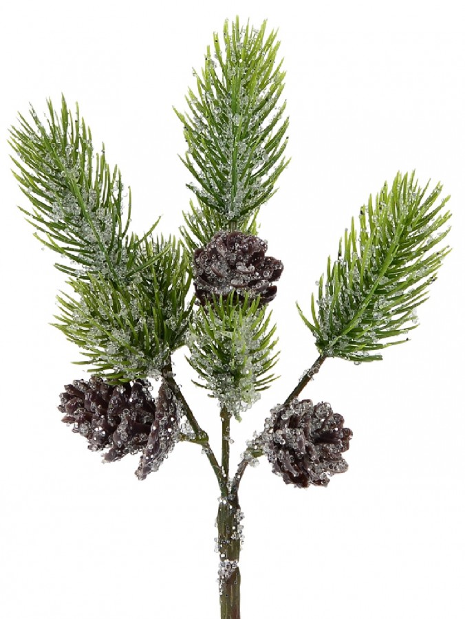 Frosted Pine Cones & Brush Branches Natural Look Pine Christmas Spray - 24cm