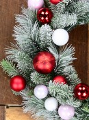 60cm Winter Frost Fir & Pine Wreath With Red, Pink & White Baubles 