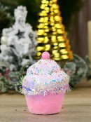 11cm Pink Cupcake With Sequin Icing & Tinsel Christmas Tree Ornament