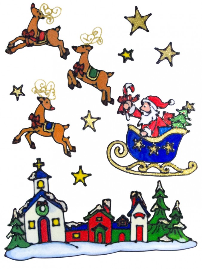 Santa, Sleigh, Reindeers & Village Window Decoration - 22cm